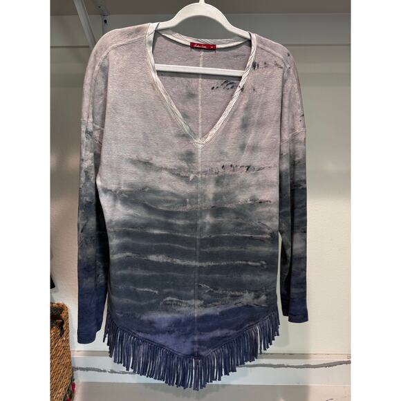 Barbara Lesser Women’s 3/4 Sleeve Fringe Hem Tie Dye Acid Wash Blouse Size M - Picture 1 of 8